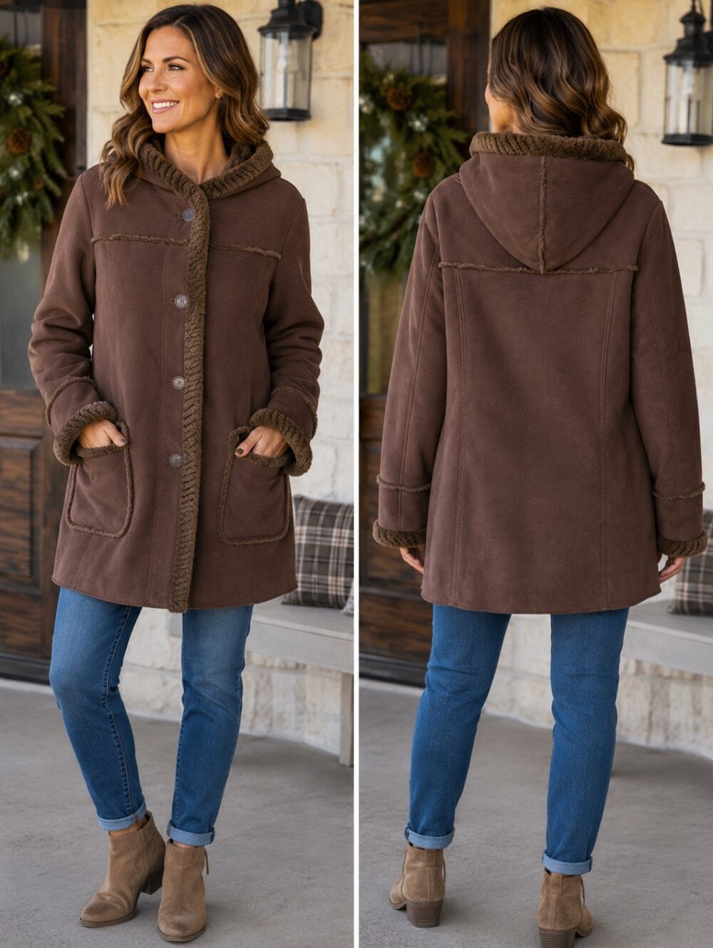 Vtg St. John’s Bay Brown Faux Shearling Hooded Coat 1X Y2K Penny Lane Boho Fall